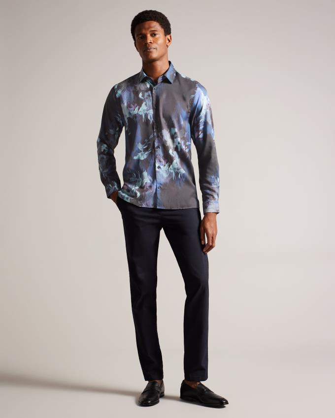 Chemises Ted Baker Long Sleeve Painted Floral Bleu Marine Homme | BYW-92427588